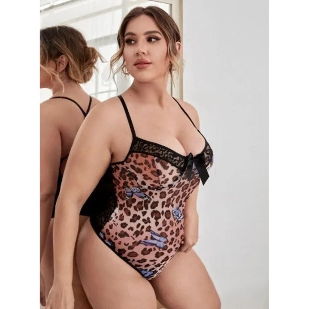 14 Plus (1X) Leopard Contrast Lace Teddy Bodysuit